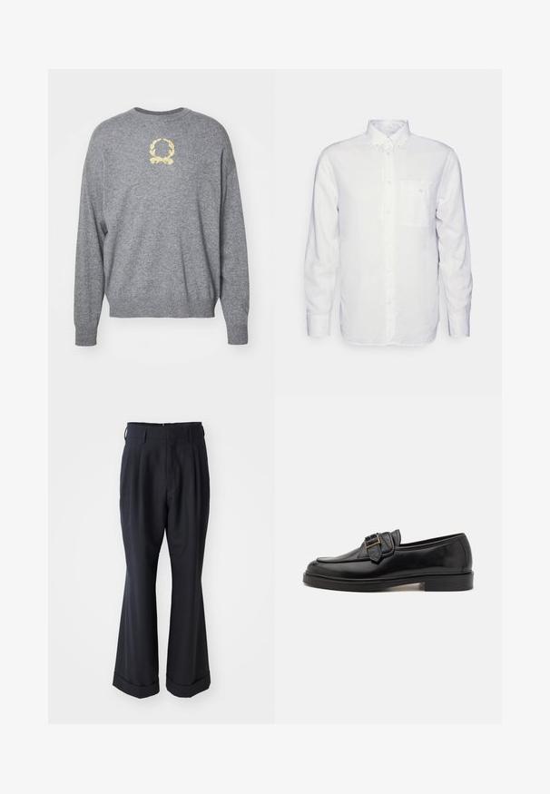 Grå strikket sweater med rund hals, prydet med en gul broderet laurbærdesign på brystet samt ribbede manchetter og fald.; Langærmet hvid skjorte lavet af bomuld, med en knap-down krave, brystlomme og almindelig pasform. Struktureret stof med en glat overflade.; Sorte skræddersyede bukser med en afslappet pasform, plisseret forside og vide ben. Har en opsmøg i bunden og en glat stofstruktur.; Sorte læder loafers med rund tå og en dekorativ spændeaccent. Flad, solid hæl og glat tekstur hele vejen igennem.