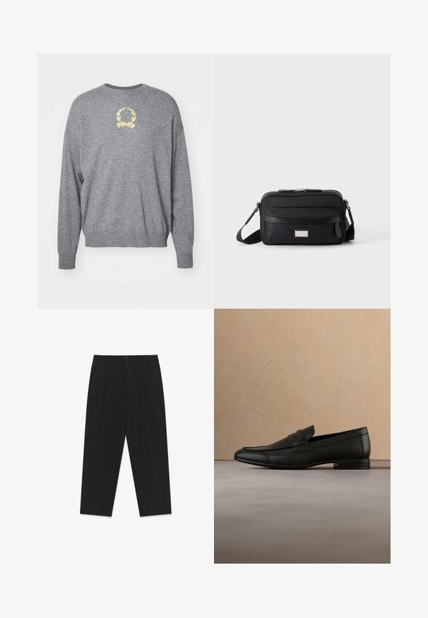 Grå strikket sweater med rund hals, prydet med en gul broderet laurbærdesign på brystet samt ribbede manchetter og fald.; Sorte bukser med en lige pasform, forsynet med knaplukning, to forlommer og en glat stoftekstur. Skræddersyet design med læg.; Sort læderloafer svæver over beige tæppe med beige sofa i et minimalistisk indendørsmiljø.; Sort rektangulær crossbody-taske med front lynlåslomme, justerbar rem og sølv rektangulært logo mærke på ensfarvet baggrund.