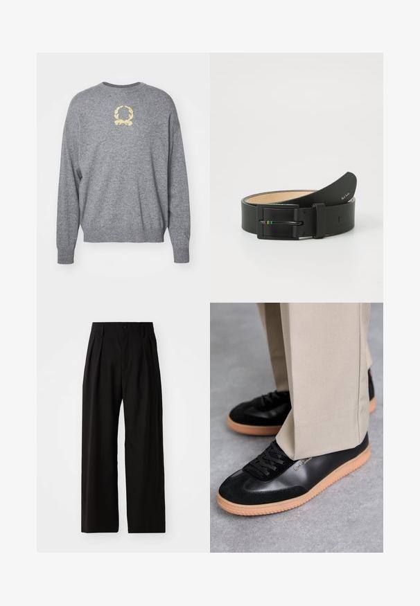 Grå strikket sweater med rund hals, prydet med en gul broderet laurbærdesign på brystet samt ribbede manchetter og fald.; Sorte bukser med vid ben, der har en glat overflade, to frontplisseringer, knaplukning og sidelommer. Holdbart stof.; Paul Smith COMO - Sneakers - black; Paul Smith MEN BELT STRIPE BUCKLE - Bælter - black