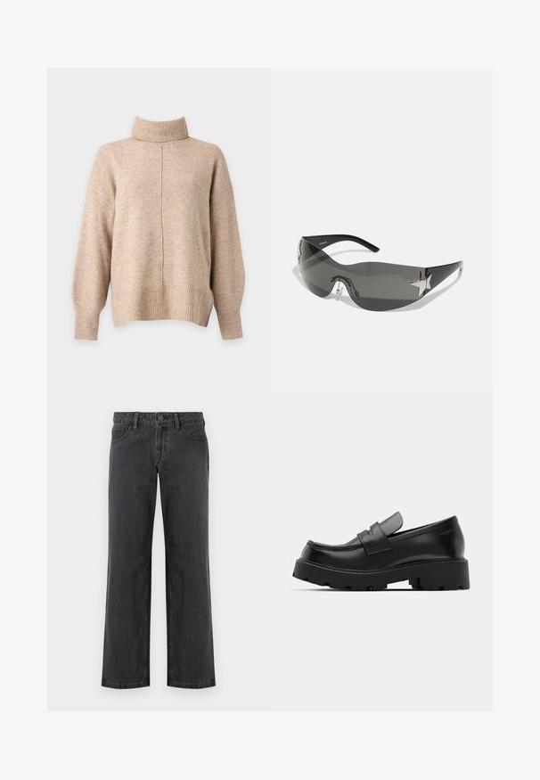 Beige strikket rullekravesweater med lange ærmer, ribkantede ærmer, kant og en central lodret søm foran.; Mørkegrå vidde bukser lavet af denim, med standard linning, fem lommer og knaplukning. Glat tekstur og ensartet syning.; Sorte læder loafers med en chunky tekstureret sål, der har en rem over vamps og en glat, poleret finish.; Sorte solbriller med wrap-around design, mørktonede linser, skinnende stjerneformede detaljer og justerbare næsepuder.