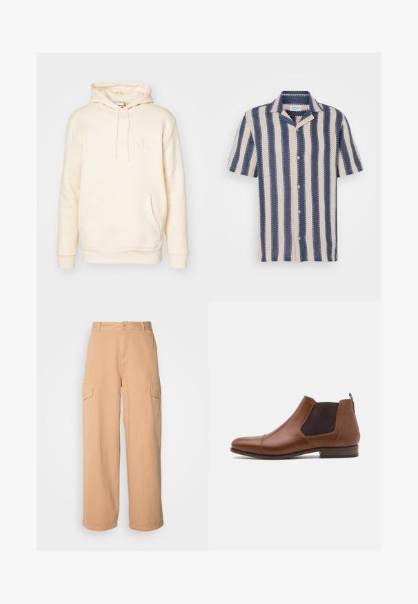 Kermanvärinen huppari, joka on valmistettu pehmeästä kankaasta. Siinä on kenguruposkikosto, nyöritettävä huppu ja kohotettu "Timberland"-logo edessä.; Lyhythihainen paita, jossa on tummansininen ja kerma väri raidoitus, kauluksen omaava ja nappikiinnitys, valmistettu hengittävästä kankaasta.; Kerman leveleg cargo-yhousut, jotka on valmistettu kevyestä kankaasta. Niissä on kaksi sivutaskua ja nappikiinnitys vyötäröllä. Pehmeä tekstuuri.; Pier One LEATHER - Klassiset nilkkurit - cognac