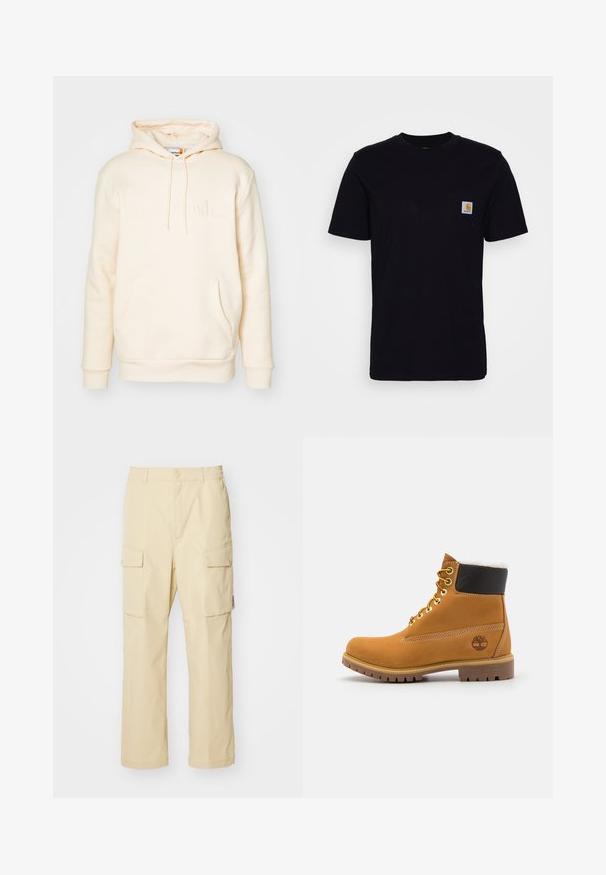 Crème kleurige hoodie van zacht materiaal, met een kangoeroe zak, trekkoord aan de capuchon en een reliëf "Timberland" logo op de voorkant.; Zwarte katoenen t-shirt met korte mouwen, ronde hals en een borstzak met een klein, vierkant logo patch. Eenvoudig, stevig ontwerp.; Beige cargobroek van stof met een elastische tailleband en knoopsluiting. Beschikt over twee zijzakken en een eenvoudig ontwerp.; Bruine leren enkellaars met metalen oogjes, witte faux bont voering, zwarte gewatteerde kraag, robuuste zool en een reliëflogo aan de zijkant.