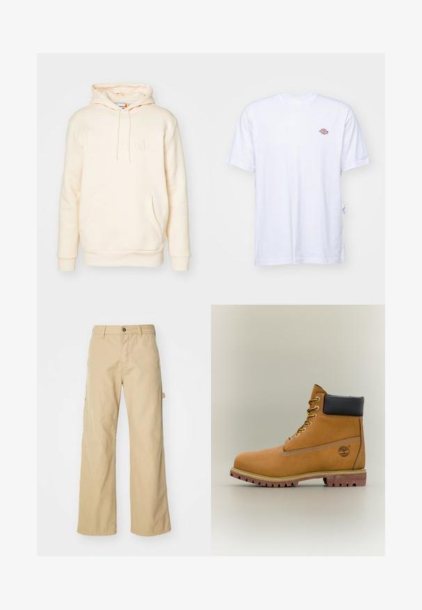 Crème kleurige hoodie van zacht materiaal, met een kangoeroe zak, trekkoord aan de capuchon en een reliëf "Timberland" logo op de voorkant.; Witte katoenen t-shirt met een v-hals en korte mouwen. Kenmerkt zich door een klein kleurrijk geborduurd logo op de linkerkant van de borst. Zachte textuur.; Beige wijde cargo broek met een knoopsluiting, voorzien van zijzakken, gemaakt van stevig katoen, met een soepele textuur en een recht gesneden ontwerp.; Bruine leren enkellaars met zwarte kraag, gele veters en een zandkleurige zool. Voorzien van een logo en witte stikseldetails. Robuuste loopzool met grip.