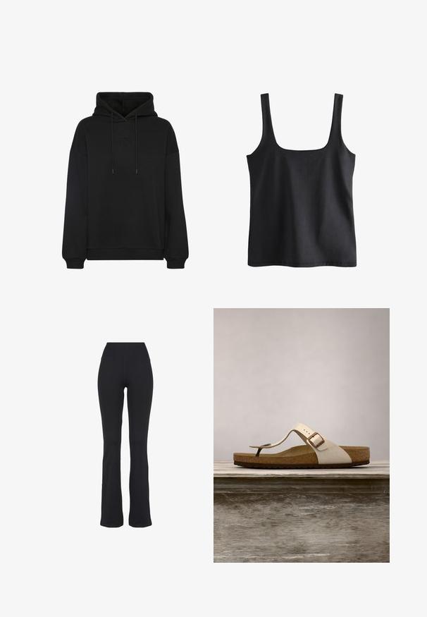 Sort hoodie med en stor frontlomme, med en tonal broderet logo på brystet, snoretræk i hætten og ribbede muffer og kant.; Sort ærmeløs tanktop med firkantet halsudskæring og brede skulderstropper, lavet af glat stof.; Sorte højtaljede, tætsiddende yogabukser med udvidede ben, præsenteret mod en hvid baggrund.; Brun kork sål flip-flop sandal med en beige ruskindsoverdel og et enkelt justerbart rem med en metalspænde. Flad såldesign.