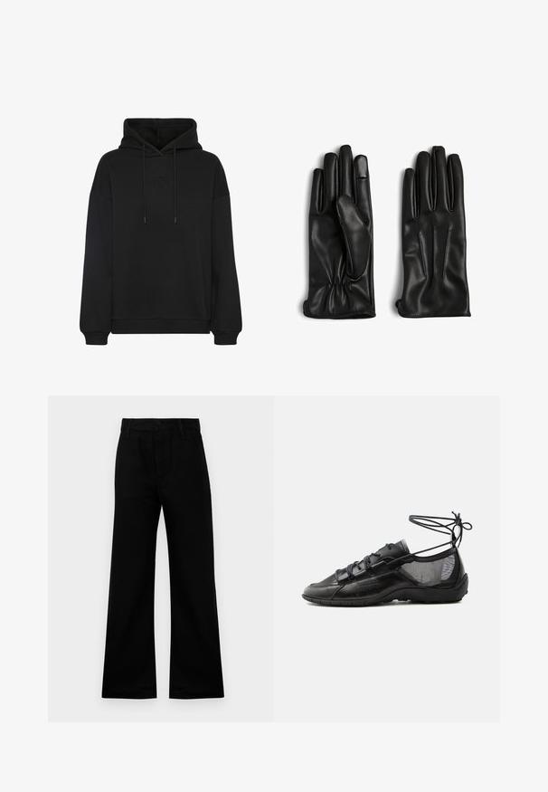 Hoodie noir avec une grande poche avant, arborant un logo brodé ton sur ton sur la poitrine, une capuche avec cordon de serrage et des poignets et un ourlet en côtelé.; Pantalons larges noirs en tissu lisse avec une taille haute, dotés d'une fermeture à bouton et de passants de ceinture, offrant une coupe structurée.; Chaussure plate noire en cuir et mesh avec lacets à l'avant et liens à nouer autour de la cheville, dotée d'une semelle en caoutchouc flexible.; Gants en cuir noir présentant une texture lisse, un design à cinq doigts, un poignet froncé et trois lignes cousues au dos de chaque main.