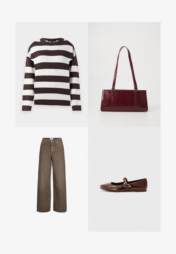 Pull rayé brun et blanc, encolure ronde, texture tricotée, rayures horizontales larges, coupe décontractée avec épaules tombantes.; Jean marron taille haute à jambes larges avec fermeture éclair et boutons à l'avant, poches avant et arrière, et passants de ceinture.; Ballerine en cuir verni marron avec un bout carré et une lanière ornée d'une petite boucle dorée. Texture lisse, talon bas et design minimaliste.; Sac à main bordeaux en matériau brillant, de forme rectangulaire, avec deux anses et des accents légèrement courbés à l'avant.