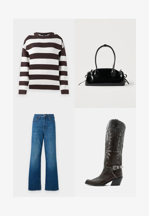 Brun og hvid stribet sweater, rund halsudskæring, strikket tekstur, brede horisontale striber, afslappet pasform med droppede skuldre.; Bredde ben blå denim jeans med høj talje, lys falmning og klassisk fem-lomme design; har guldfarvet metal hardware og stikninger i kanten.; Sort læder cowboystøvle med dekorative udskæringer, sølvspænde og skrå hæl, vist på hvid baggrund.; Lille sort blank håndtaske med to lange håndtag og snøre-detaljer i siden på en ensfarvet lys baggrund.