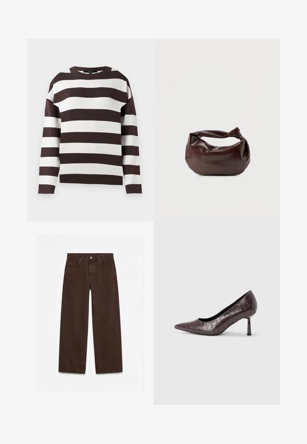 Brun og hvid stribet sweater, rund halsudskæring, strikket tekstur, brede horisontale striber, afslappet pasform med droppede skuldre.; Mørkebrune bukser med høj talje og lige ben, med forreste knap, lynlås, bæltestropper og design med fem lommer.; Brune kunstlæder stiletter med spidse tæer og krokodilletekstur, der har en slank, vinklet hæl og en glat inderside.; Mørkebrun læder skuldertaske med en blød, afslappet form og et snoet knudehåndtag på en ensartet hvid baggrund.