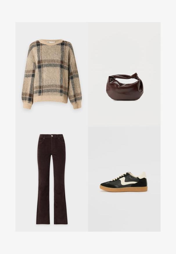 Pull en tricot beige avec un motif à carreaux marron et bleu marine, doté d'un large col et de poignets côtelés. Texture douce et pelucheuse.; Pantalon en velours côtelé marron foncé avec un bouton à l'avant, des passants pour ceinture et des jambes légèrement évasées, présenté sur un fond uni.; Baskets en daim et cuir noir avec un swoosh latéral crème et un talon crème clair. Dotées de lacets beige et d'une semelle en caoutchouc gomme.; Sac bandoulière en cuir marron foncé avec une forme souple et décontractée et une anse nouée torsadée sur un fond blanc uni.