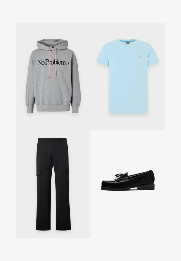 Grauer Hoodie mit einer Kängurutasche, Kapuze mit roten und weißen Zugbändern, versehen mit dem Aufdruck "No Problemo" in fetten schwarzen Buchstaben auf der Vorderseite.; Hellblaues T-Shirt mit kurzen Ärmeln und Rundhalsausschnitt, mit kleinem besticktem Zebra-Logo auf der linken Brustseite.; Schwarze Cargo-Hose mit geradem Bein, seitlichen Klappentaschen und Gürtelschlaufen vor weißem Hintergrund.; Schwarzer Leder-Slipper mit Quasten-Detail, dicker robuster Sohle und geprägtseitlichem Logo, im Profil vor weißem Hintergrund gezeigt.