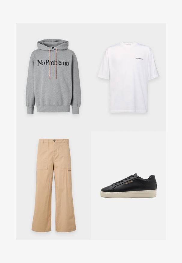 Grå hættetrøje med kængurulomme, snoretræk til hætten i rød og hvid, med "No Problemo" trykt i fede sorte bogstaver over forsiden.; Hvid kortærmet t-shirt i bomuld med v-hals, med et sort "FILLING PIECES" logo trykt på venstre side.; Beige bomulds løs cargo bukser med forreste lappelommer og et logo på den bageste lomme. Letvægts stof med en glat tekstur.; Sorte lædersneakers med en glat finish, kontrasterende cremefarvet sål, rund tå, guld logo på siden og seks huller til snørebånd.