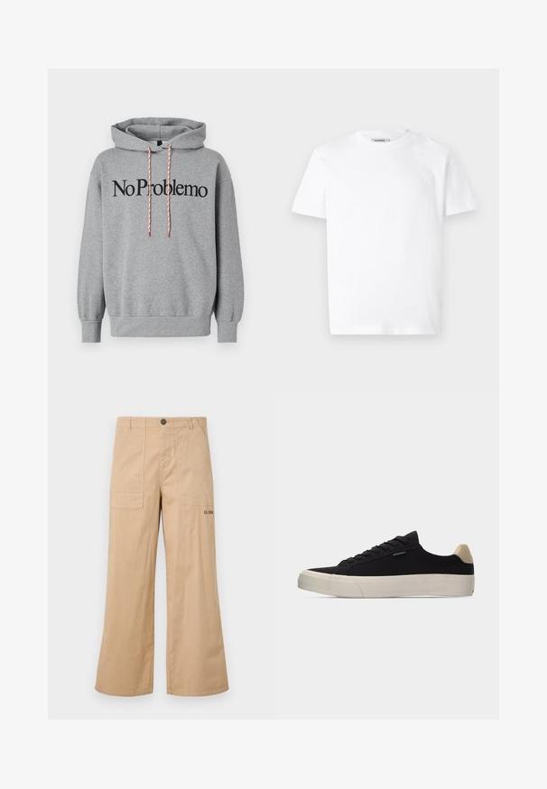 Grijze hoodie met een kangoeroezak, trekkoordkap in rood en wit, met "No Problemo" in vette zwarte letters over de voorkant gedrukt.; Witte katoenen t-shirt met een ronde hals en korte mouwen. Bevat een klein, reliëf logo op de linker borst. Soepele textuur.; Beige katoenen cargo broek met een wijde pijp, voorpockets en een logo op de achterzak. Lichtgewicht stof met een gladde textuur.; Zwarte lage sneaker met beige hielstuk, dikke witte rubberen zool, zwarte veters en een klein "PS Paul Smith" label aan de zijkant.