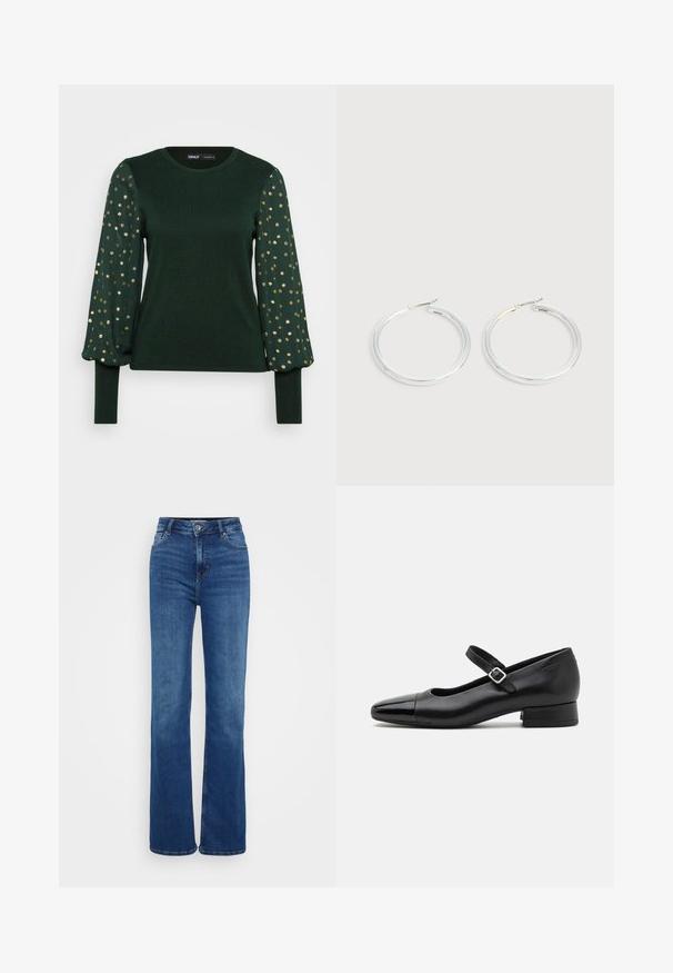 Grøn langærmet top med en tekstureret krop og puffy ærmer, der har spredte guldprikker. Rund halsudskæring og tætsiddende manchetter.; Højtaljede flared jeans i mørkeblåt denim. Har fem lommer, diskret syning og knaplukning. Glat tekstur med en klassisk pasform.; Sorte læder Mary Jane-sko med en patenttå, justerbar ankelrem og lav blokhæl. Glat tekstur og strømlinet design.; Par skinnende sølvøreringe med tynde trådlåse, vist på en lys grå baggrund.