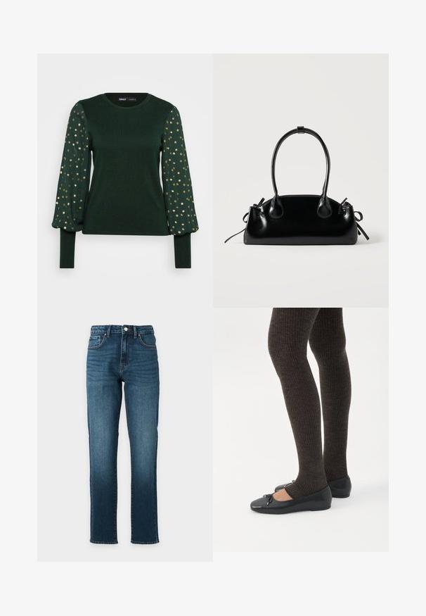 Grøn langærmet top med en tekstureret krop og puffy ærmer, der har spredte guldprikker. Rund halsudskæring og tætsiddende manchetter.; Blå denimjeans med lige ben, knap- og lynlåslukning, fem lommer og diskret blegning på lårene, vist mod en ensfarvet baggrund.; Ben iført mørke ribbede leggings kombineret med sorte balletsko med små sløjfedetaljer på hvid baggrund.; Lille sort blank håndtaske med to lange håndtag og snøre-detaljer i siden på en ensfarvet lys baggrund.