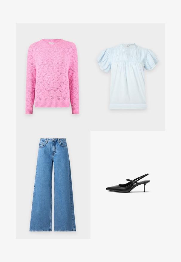 Lyserød strikket sweater med et tekstureret diamantmønster, ribbet krave og manchetter, lange ærmer og en let løs pasform.; Lyseblå bluse med korte ærmer med flæser, rynket halsudskæring og løs pasform.; Vide ben blå denim jeans med høj talje, som har et klassisk fem-lomme design og syninger langs siderne for ekstra detalje.; Sorte læder slingback hæle med spids tå, slank justerbar rem og en stiletto hæl på cirka 5 cm, glat tekstur.