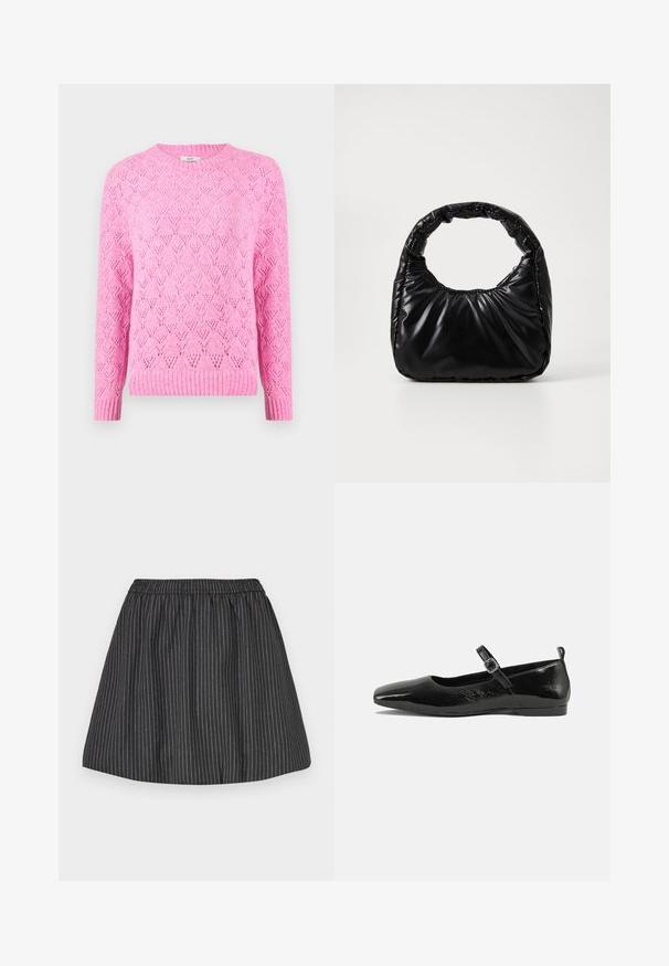 Lyserød strikket sweater med et tekstureret diamantmønster, ribbet krave og manchetter, lange ærmer og en let løs pasform.; Sorte stribede nederdel med elastisk talje, har lodrette hvide pinstriber, svajet design og glat tekstur. Velegnet til afslappet brug.; Sorte patentlæder flade sko med spidse tæer, en ankelrem med spænde og en glat, blank tekstur. Lav hæl for komfort.; Sort polstret håndtaske med et rundt håndtag, der har en glat, skinnende overflade og en blød, kviltet tekstur. Ingen synlige hardware eller accenter.