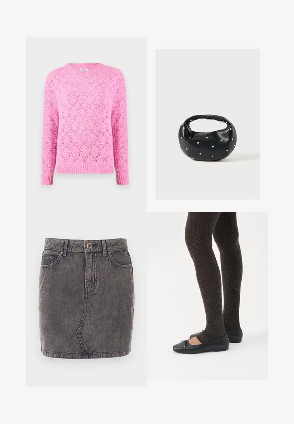 Pull en tricot rose avec un motif diamant texturé, col et poignets côtelés, manches longues et une coupe légèrement ample.; Jupe en denim grise avec une texture côtelée verticale, dotée d'une fermeture à boutons sur le devant, de deux poches latérales et d'un ourlet droit.; Jambes portant des leggings côtelés foncés associés à des ballerines noires avec de petits détails en nœud sur fond blanc.; Sac à main en cuir noir de forme arrondie, décoré de clous argentés et équipé d'une poignée courte. Texture lisse et fermeture éclair.