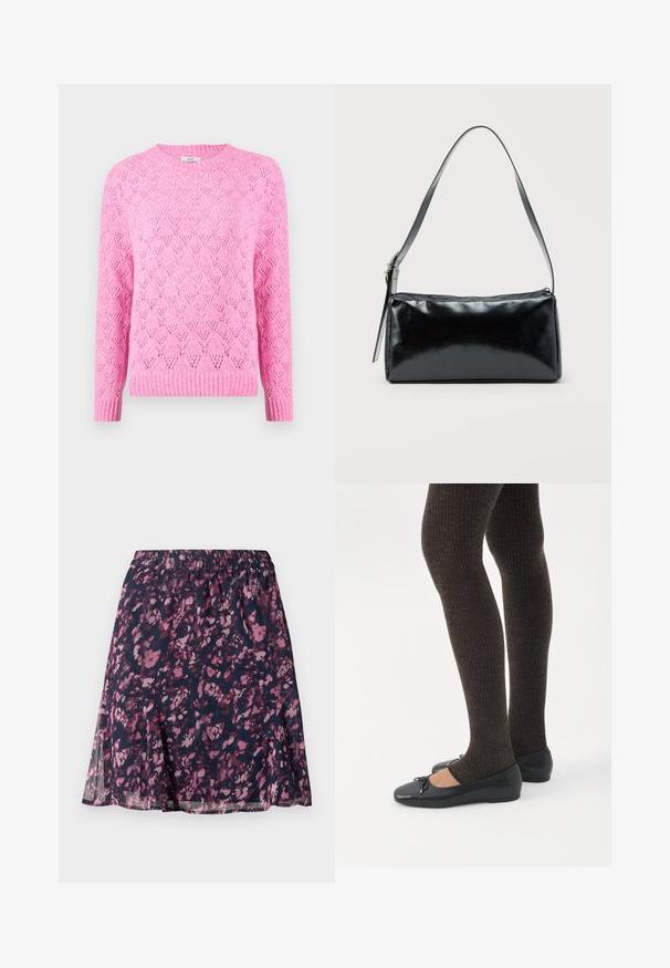 Roze gebreide trui met een gestructureerd ruitpatroon, geribbelde kraag en manchetten, lange mouwen, en een iets losse pasvorm.; Marine rok met elastische tailleband, voorzien van een abstract bloemenpatroon in roze en paars en een licht uitlopende zoom.; Benen met donkere geribbelde leggings gecombineerd met zwarte ballerina's met kleine strikdetails op een witte achtergrond.; Zwarte rechthoekige schoudertas met een enkele verstelbare band en een bovenste ritssluiting op een effen achtergrond.