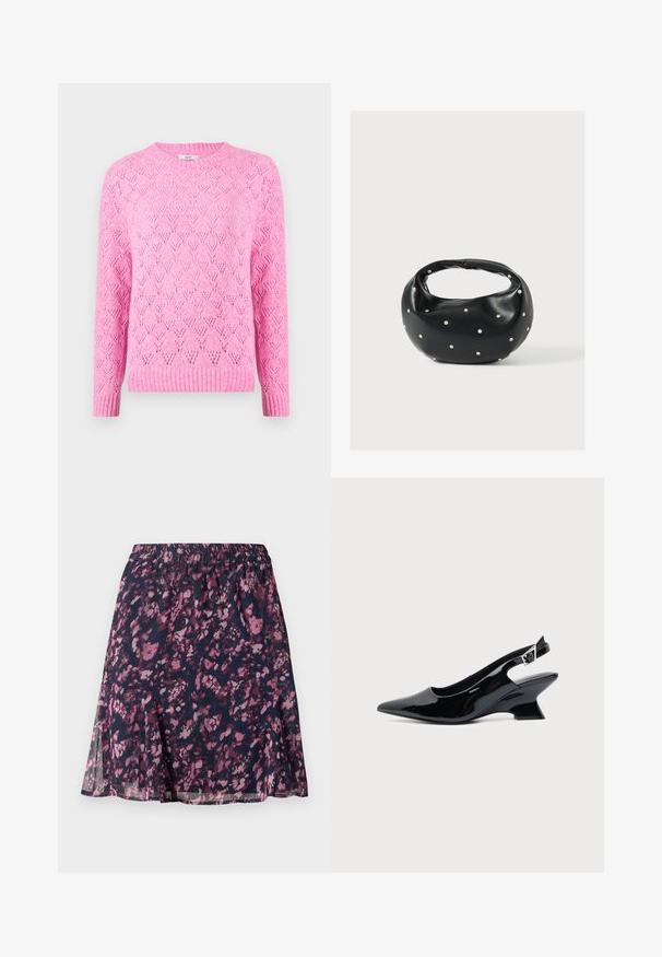 Suéter rosa de punto con un patrón de diamantes texturizado, cuello y puños acanalados, mangas largas y un corte ligeramente holgado.; Falda marina con cintura elástica, que presenta un patrón abstracto de flores en tonos rosa y púrpura, y un dobladillo ligeramente acampanado.; Zapato slingback de cuero charol negro con puntera puntiaguda y tacón bajo en bloque inclinado sobre fondo claro liso.; Bolso de mano de cuero negro con forma redondeada, decorado con detalles de tachuelas plateadas y un asa corta. Textura lisa y cierre con cremallera.