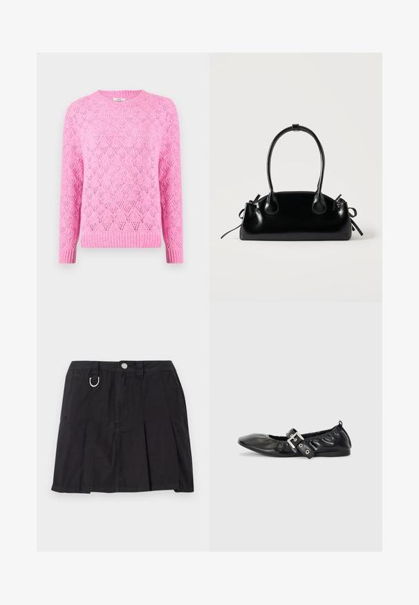 Pull en tricot rose avec un motif diamant texturé, col et poignets côtelés, manches longues et une coupe légèrement ample.; Jupe plissée noire en coton, avec une fermeture à boutons sur le devant, des passants de ceinture et un accent en D-ring sur la taille.; Chaussure plate en cuir noir avec un nez pointu, des détails froncés autour de l'ouverture et un accent en boucle argentée sur la bride ajustable.; Petit sac à main noir brillant avec deux longues anses et des détails à cordon sur les côtés sur un fond clair uni.