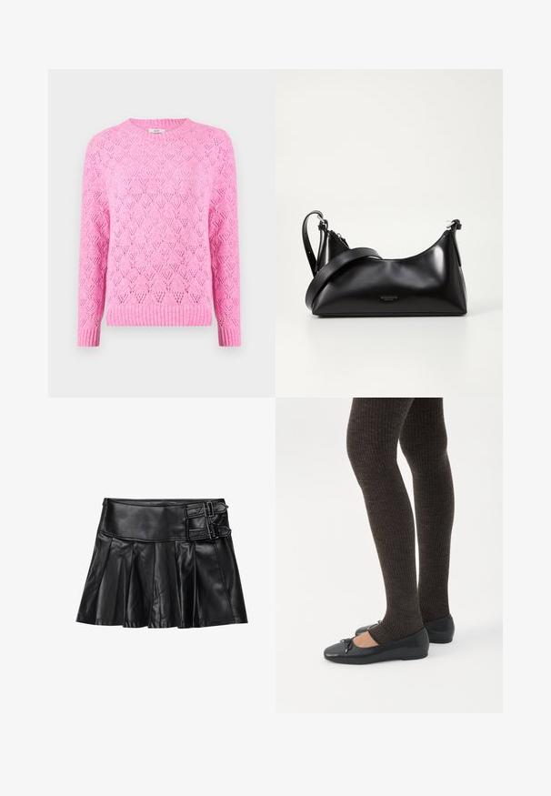 Lyserød strikket sweater med et tekstureret diamantmønster, ribbet krave og manchetter, lange ærmer og en let løs pasform.; Sort læderskirt med pliser, bred talje og to spænde-accenter på siden. Glat tekstur med en blank finish.; Ben iført mørke ribbede leggings kombineret med sorte balletsko med små sløjfedetaljer på hvid baggrund.; Sort læderhåndtaske med en glat tekstur. Har en justerbar stropp og et enkelt, minimalistisk design med lynlås.