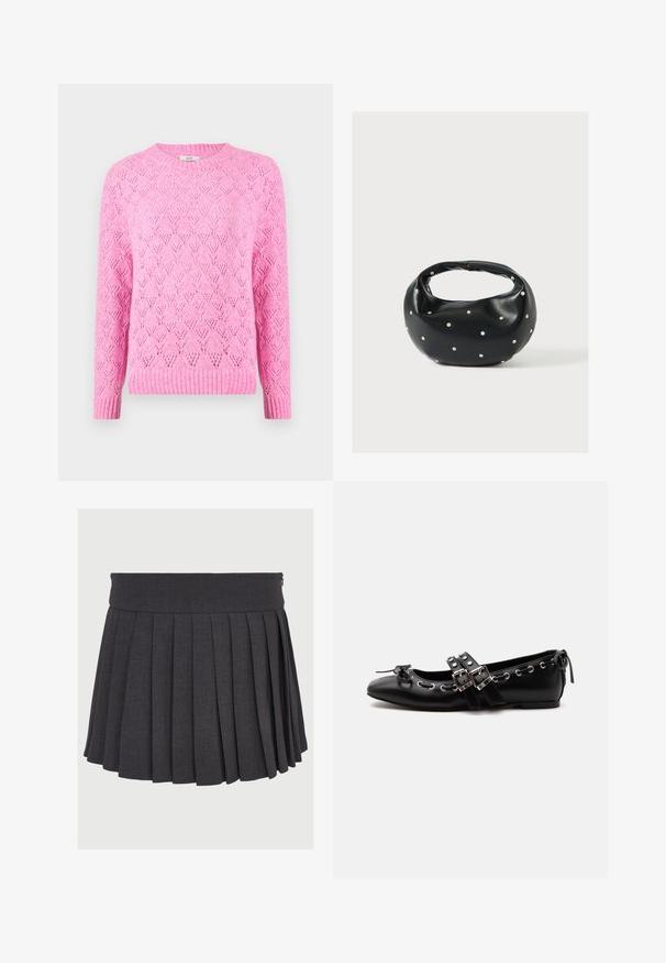 Lyserød strikket sweater med et tekstureret diamantmønster, ribbet krave og manchetter, lange ærmer og en let løs pasform.; Grå plisseret nederdel med flad talje og lynlås, lavet af et struktureret stof med jævnt fordelte dybe plisseringer.; Sort flad balletsko med dobbelt spænde, sølvøjer og en lille sløjfe nær den runde tå på en hvid baggrund.; Sort læderhåndtaske med en rundet form, dekoreret med sølvnitter, og et kort håndtag. Glat tekstur og lynlåslukning.