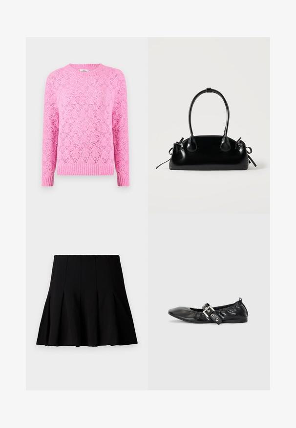 Lyserød strikket sweater med et tekstureret diamantmønster, ribbet krave og manchetter, lange ærmer og en let løs pasform.; Sort kort plisseret nederdel lavet af et glat stof. Har en elastisk talje og en flagrende silhuet, der når til midten af låret.; Sorte læder flade sko med spids tå, samling detaljer omkring åbningen, og en sølv spænde accent på den justerbare rem.; Lille sort blank håndtaske med to lange håndtag og snøre-detaljer i siden på en ensfarvet lys baggrund.