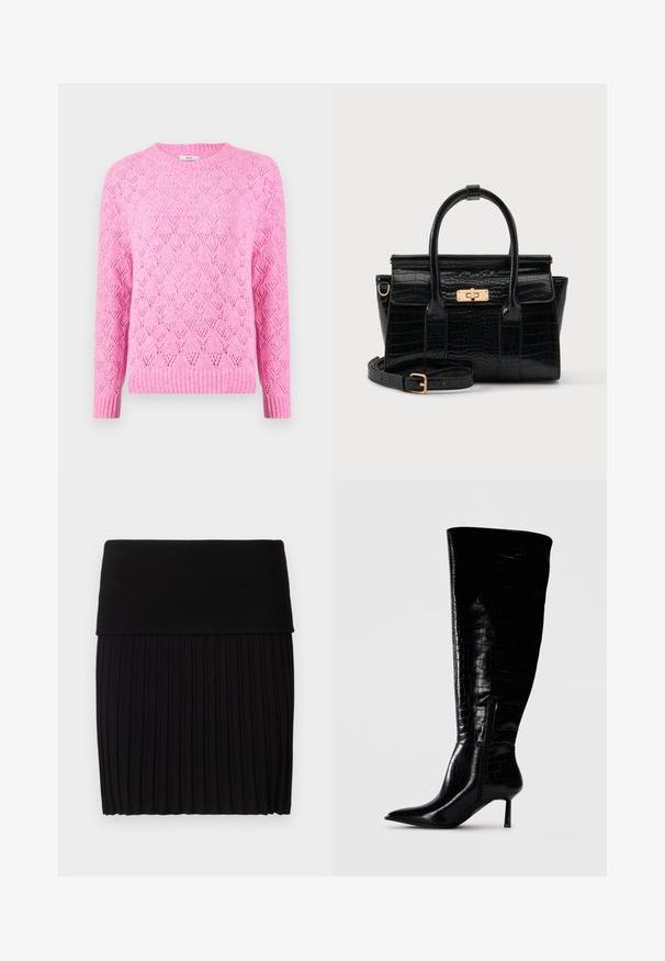 Lyserød strikket sweater med et tekstureret diamantmønster, ribbet krave og manchetter, lange ærmer og en let løs pasform.; Sort plisseret nederdel med en tyk, ribbet talje. Lavet af blødt stof, med lodrette plisseringer og en lige kant forneden.; Støvler i sort læder til knæene med en blank, krokodillemønster-finish. Spids tå og tynd hæl; har en sidelukning med lynlås.; Sort taske med krokodilletekstur, to håndtag, aftagelig rem og en guldfarvet rektangulær clasp på frontklappen.
