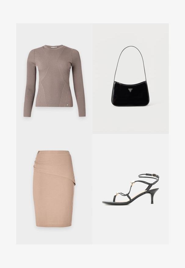 Suéter de manga larga acanalado en taupe claro, con un diseño ajustado, patrones texturizados y un pequeño logo en el dobladillo.; Falda lápiz beige de longitud a la rodilla, hecha de tela acanalada, con un diseño delantero drapeado y un detalle de cremallera lateral plateada. Textura suave.; Sandalia negra con tiras, tacón medio, cuentas doradas de acento y una correa en el tobillo con hebilla sobre fondo blanco.; Bolso de hombro de charol negro con correa delgada, logotipo triangular de Guess en el frente y cierre superior con cremallera.