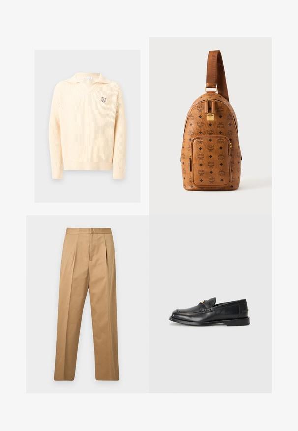 Pull en maille côtelée couleur crème avec un col et un petit logo de tête de loup sur le côté gauche de la poitrine.; Pantalon beige à jambes droites avec plis à l'avant, ceinture, et fermeture avant dissimulée, présenté sur un fond gris clair uni.; Des mocassins en cuir noir présentent un bout arrondi, des détails cousus et un petit accent doré à l'avant. La semelle est plate et discrète.; Sac à dos bandoulière en cuir marron avec motif losange noir et logo MCM, poche avant zippée, fermeture éclair dorée et sangle réglable.