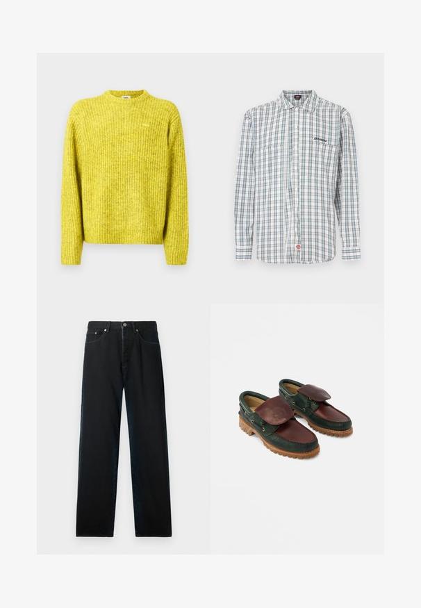 Pull jaune tricoté avec texture côtelée, encolure ronde et manches longues ; présente un petit logo sur la poitrine.; Chemise à carreaux boutonnée en blanc, vert et bleu. Elle comporte des manches longues, un col, deux poches avant et une broderie de logo sur la poitrine.; Jean en denim noir avec une coupe droite, un design à cinq poches et des éléments métalliques. Le tissu a une texture lisse et un décoloration minimale.; Chaussures en cuir avec un corps vert foncé, un dessus bordeaux, un bout rond, un rabat sécurisé et une semelle en caoutchouc texturée avec des rainures.