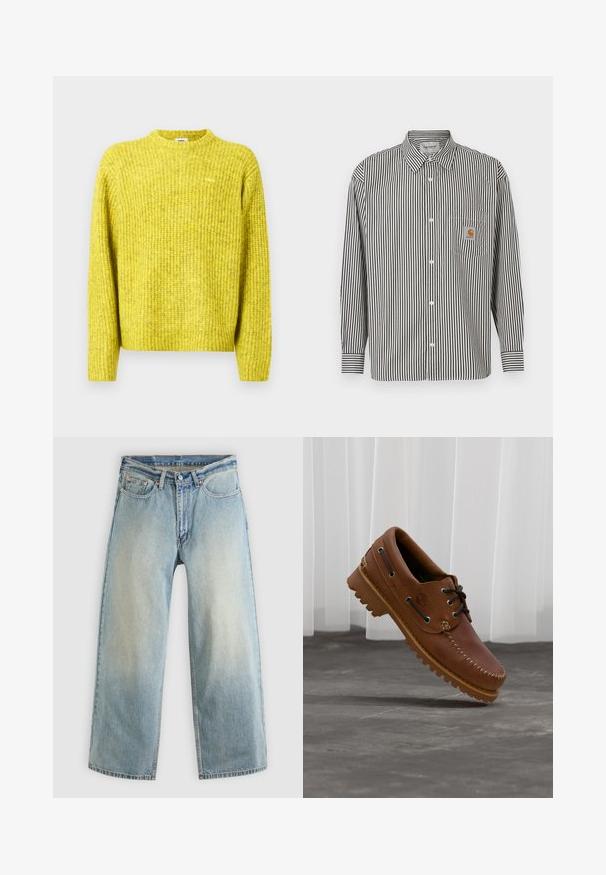 Pull jaune tricoté avec texture côtelée, encolure ronde et manches longues ; présente un petit logo sur la poitrine.; Chemise à manches longues à rayures verticales noires et blanches avec un col boutonné. Elle possède une poche poitrine avec un patch logo beige.; Jean denim bleu clair à jambes larges avec une finition délavée. Comprend un design standard à cinq poches et une fermeture à bouton métallique.; Chaussure de bateau en cuir marron avec des lacets noirs, des coutures beiges et une semelle robuste, suspendue au-dessus d'un sol en béton gris.