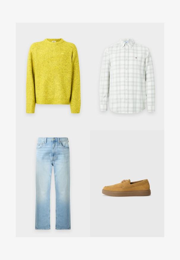 Pull jaune tricoté avec texture côtelée, encolure ronde et manches longues ; présente un petit logo sur la poitrine.; Chemise à manches longues gris clair avec un motif à carreaux dans des teintes de vert et de bleu, dotée d'un col boutonné et d'un logo sur la poitrine.; Jean bleu clair à jambes droites avec poches avant, passants de ceinture et fermeture par bouton sur fond blanc uni.; Chaussures slip-on en suède marron avec une finition texturée, un bout rond et une semelle en caoutchouc contrastante. Présente une marque discrète près du talon.