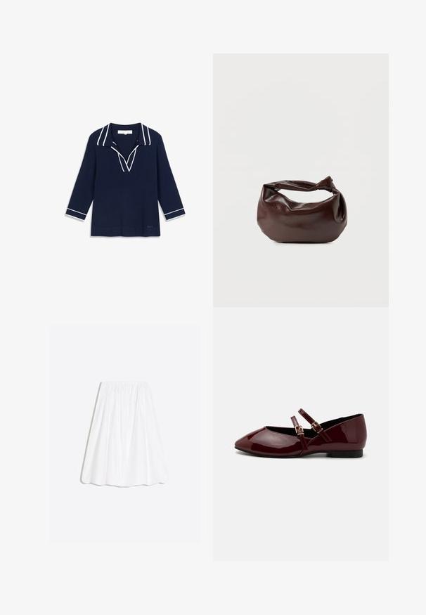 Haut en maille bleu marine avec un col en V, orné d'un liseré blanc le long du col et des poignets. Manches longues, coupe décontractée, ourlet droit.; Jupe midi blanche avec ceinture élastique et plis souples froncés, présentée à plat sur un fond clair.; Anna Field by Zalando Babies - dark red; Sac bandoulière en cuir marron foncé avec une forme souple et décontractée et une anse nouée torsadée sur un fond blanc uni.