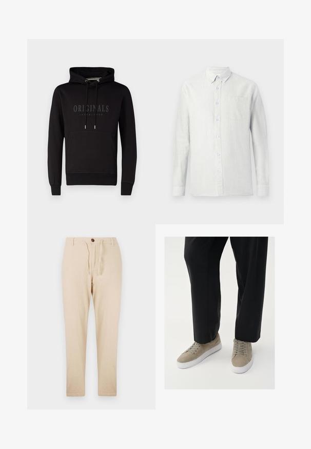Sorte hættetrøje med kængurulomme, snoretræk i hætten og præget "ORIGINALS JACK & JONES" logo på forsiden. Materiale i bomuldsblanding.; Lysfarvet, langærmet skjorte med lodrette striber, knapkrave og en brystlomme. Stoffet ser tekstureret ud med en blød finish.; Beige linnedbukser med snoreliv, knaplukning, tapered ben og en glat tekstur, velegnede til varmt vejr.; Lys grå ruskindsneakers med en hvid gummisål, der har runde snørebånd og et minimalistisk design, parret med sorte bukser.