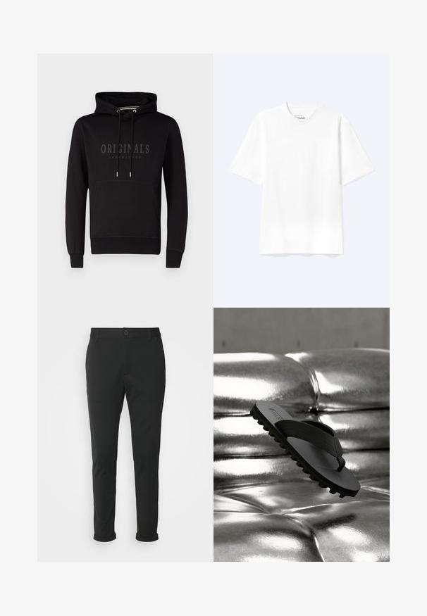 Sorte hættetrøje med kængurulomme, snoretræk i hætten og præget "ORIGINALS JACK & JONES" logo på forsiden. Materiale i bomuldsblanding.; Enkel hvid T-shirt med korte ærmer og rund hals med afslappet pasform, vist på en lys baggrund.; Sorte bukser lavet af et glat stof med lige pasform. Har en enkelt knaplukning og opspejdede manchetter.; Sort gummiflip-flop med tekstureret sål svæver over en blank, metallisk sølvfarvet polstret overflade, hvilket fremhæver kontrasten i tekstur og farve.