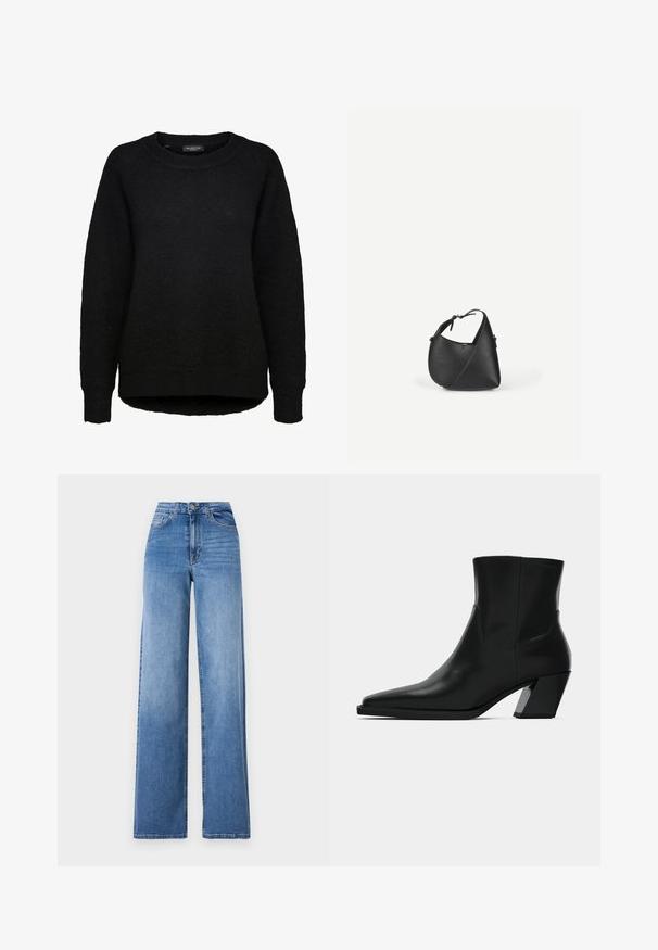Schwarzer Langarm-Strickpullover mit rundem Ausschnitt und gerippten Bündchen, entworfen für Frauen, von der Marke Selected Femme.; Helleblaue, weit geschnittene Jeans aus Denim mit hoher Taille, Vorderaschen und einem normalen Knopfverschluss. Glatte Textur.; Schwarze Leder-Stiefelette mit spitzem Zeh, schlanker Silhouette und klobigem quadratischem Absatz. Glatte Textur mit minimalen Nähdetails.; Schwarze Leder-Umhängetasche mit abgerundeter dreieckiger Form und verstellbarem Riemen vor einem schlichten hellen Hintergrund.