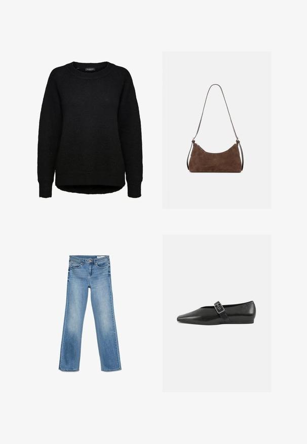 Schwarzer Langarm-Strickpullover mit rundem Ausschnitt und gerippten Bündchen, entworfen für Frauen, von der Marke Selected Femme.; Helle blaue Denim-Jeans mit einem klassischen Fünf-Taschen-Design, Knopf- und Reißverschluss sowie geradem Bein.; Schwarze Lederflachschuhe mit spitzem Zehenbereich, ausgestattet mit einem metallischen Riemen über dem Spann und einer niedrigen, flexiblen Sohle.; Braune Wildleder-Umhängetasche mit gebogenem oberen Reißverschluss und dünnem verstellbarem Riemen, dargestellt vor einem schlichten hellen Hintergrund.