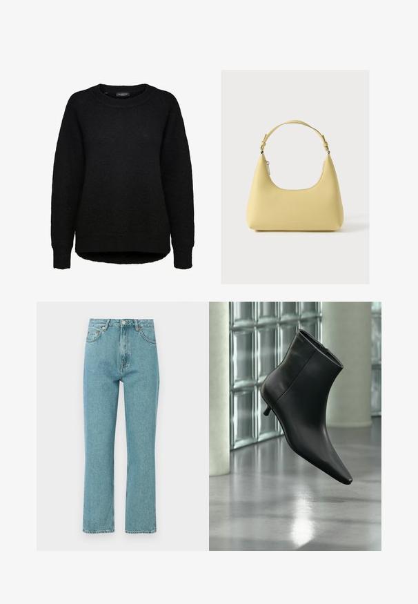 Zwarte gebreide trui met lange mouwen, ronde hals en geribbelde boorden, ontworpen voor vrouwen, van het merk Selected Femme.; Lichtblauwe, high-waisted jeans met een rechte pijpdesign. Gemaakt van denim, met voorzakken en een knoopsluiting.; Zwarte leren enkellaars met spits toelopende neus en lage kittenhak, schuin weergegeven tegen een gepolijste vloer en een glazen blokken muur als achtergrond.; Gele leren handtas met een gebogen silhouet, korte verstelbare band en een vak met ritssluiting. Heeft een subtiel logo aan de voorkant.