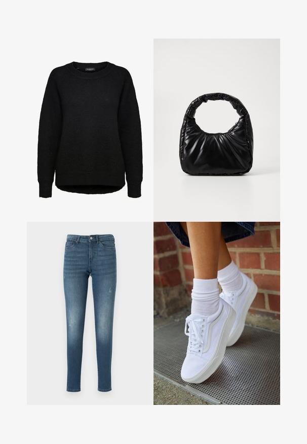 Schwarzer Langarm-Strickpullover mit rundem Ausschnitt und gerippten Bündchen, entworfen für Frauen, von der Marke Selected Femme.; Blaue Denim-Jeans mit schlankem Schnitt, die ausgewaschene Stellen, fünf Taschen und einen Knopfverschluss aufweisen. Der Stoff hat eine glatte, leicht abgenutzte Textur.; Weiße Leinensneaker mit Gummisohlen, ausgestattet mit sechs Ösen, runder Zehenpartie und dezenten Nähten, kombiniert mit weißen Knöchelsocken.; Schwarze gepolsterte Handtasche mit einem runden Griff, die eine glatte, glänzende Oberfläche und eine weiche, gestepfte Textur aufweist. Keine sichtbare Hardware oder Akzente.