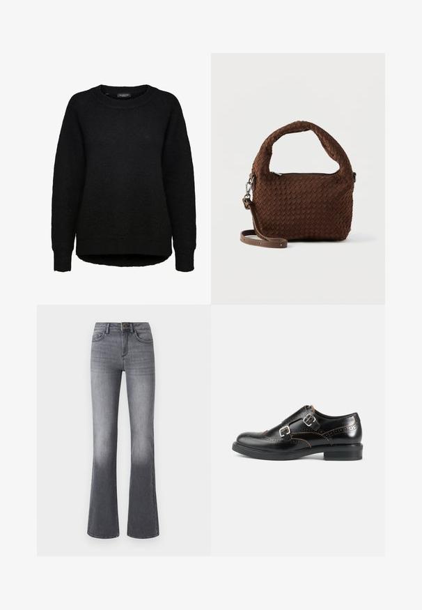 Sort langærmet striktrøje med rund halsudskæring og ribbede ærmegab, designet til kvinder, fra mærket Selected Femme.; Højtaljede, brede jeans i mørkegråt denim med forlommer, knaplukning og subtilt falmede effekter mod kanten.; Sort læder dobbelt munkestrop sko med brogue perforeringer, sølvspænder og lav hæl på hvid baggrund.; Brun vævet håndtaske med et rundt håndtag, sølvfarvede detaljer og en justerbar rem. Har lynlåslukning og en struktureret overflade.