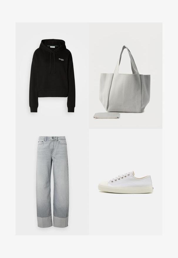 Haut à capuche noir court en tissu doux, avec un cordon de serrage et un logo vert et blanc sur la poitrine. Manches longues avec des poignets côtelés.; Jean en denim gris clair à coupe large, avec un revers doublement retourné et un léger effet délavé. Fermeture devant standard avec bouton et fermeture éclair.; Baskets en toile blanches avec un bout rond, à lacets sur le devant et une semelle en caoutchouc crème. Comprend des œillets en métal et des détails cousus.; Sac fourre-tout en tissu côtelé gris clair avec deux poignées, accompagné d'une petite pochette assortie à fermeture éclair sur fond blanc.