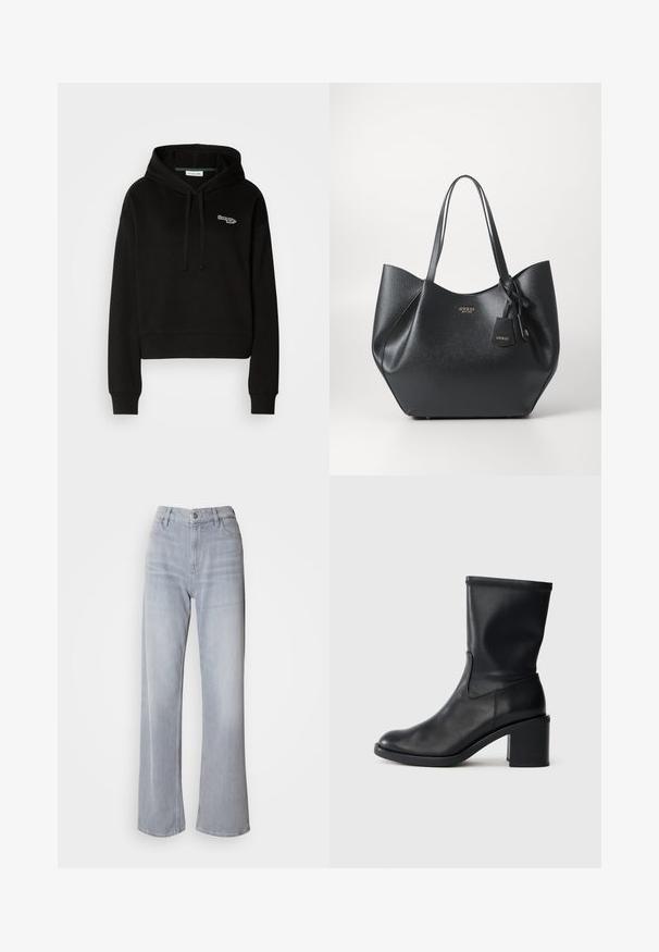 Sort cropped hoodie lavet af blødt stof, med en hætte med snoretræk og et grønt og hvidt logo på brystet. Lange ærmer med ribbede manchetter.; Lys grå vidde jeans med høj talje, lavet af denim. Har forlommer, lynlås og subtil falmen over det hele.; Sort læder ankelstøvle med rund tå, glat tekstur og en grov hæl, der har et tætsiddende skaft og subtil syning.; Sort tote-tasker lavet af struktureret syntetisk materiale med en bred silhuet, der har dobbelte håndtag og en mærkeballade detalje.