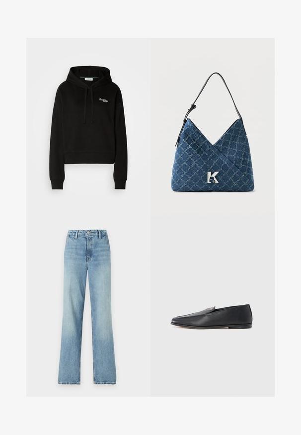 Haut à capuche noir court en tissu doux, avec un cordon de serrage et un logo vert et blanc sur la poitrine. Manches longues avec des poignets côtelés.; Good American GOOD CARPENTER - Wide Leg - indigo; Mocassins en cuir noir à texture lisse, bout arrondi et détails de couture subtils. Ils présentent un accent logo doré sur le côté supérieur.; Sac à main en tissu matelassé bleu avec sangle noire réglable et logo argenté "K" au centre devant.