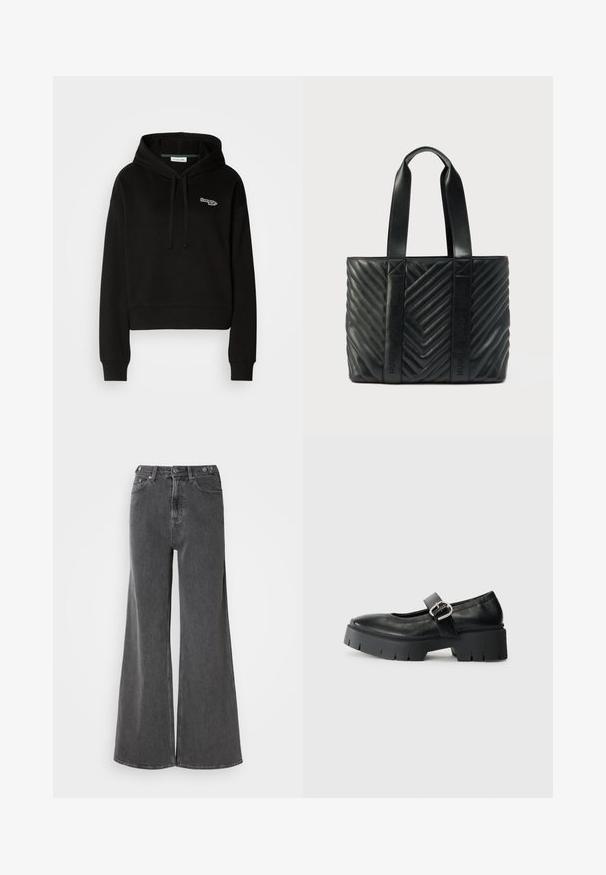 Sort cropped hoodie lavet af blødt stof, med en hætte med snoretræk og et grønt og hvidt logo på brystet. Lange ærmer med ribbede manchetter.; Bredde ben jeans i falmet sort denim, med høj talje, to frontlommer og metalknaplukninger. Glat tekstur, minimal design.; Sorte læder Mary Jane sko med en chunky platform sål, rund tå og sidelukning. Glat tekstur med minimal syning.; Sort quiltet tote-taske med chevronmønster, med flade håndtag og prægede logoer på siderne. Fremstillet af glat læder.