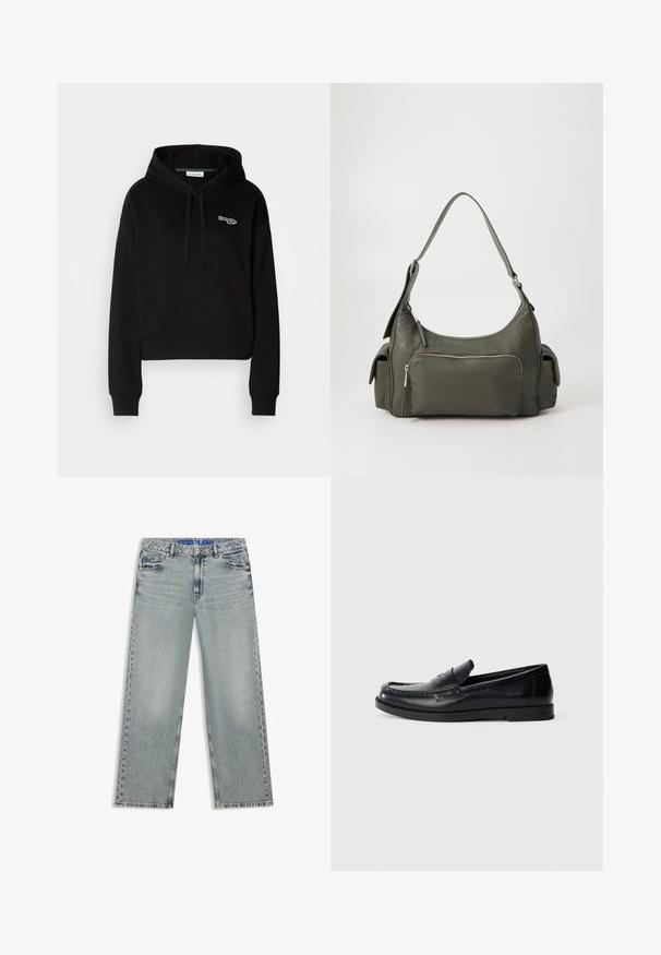 Haut à capuche noir court en tissu doux, avec un cordon de serrage et un logo vert et blanc sur la poitrine. Manches longues avec des poignets côtelés.; Jean large bleu clair en denim, avec des zones délavées, cinq poches et une ceinture bleue à logo.; Mocassins en cuir noir avec un design d'accent cousu, bout rond, semelle plate en caoutchouc et finition lisse. Silhouette classique et polyvalente.; Sac à épaule en cuir vert avec un design arrondi, poche zippée à l'avant et poches supplémentaires sur les côtés. Texture lisse et matériel minimal.