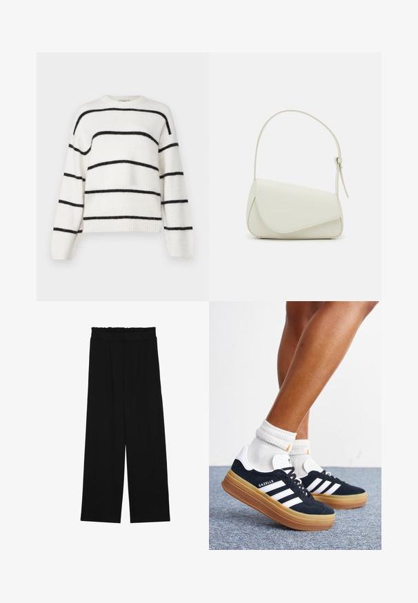 Gina Tricot CREW NECK - Pullover - offwh; Pantalons larges noirs à taille volante, dotés de deux poches latérales et d'un tissu lisse et léger. Pas de motifs ni de matériel visible.; Jambes portant des chaussettes blanches et des baskets Adidas Gazelle noires avec des bandes blanches et des semelles épaisses marron sur un sol recouvert de moquette grise.; Sac à main en cuir synthétique blanc avec une forme triangulaire structurée, une bandoulière unique réglable et un rabat à courbes accentuées.