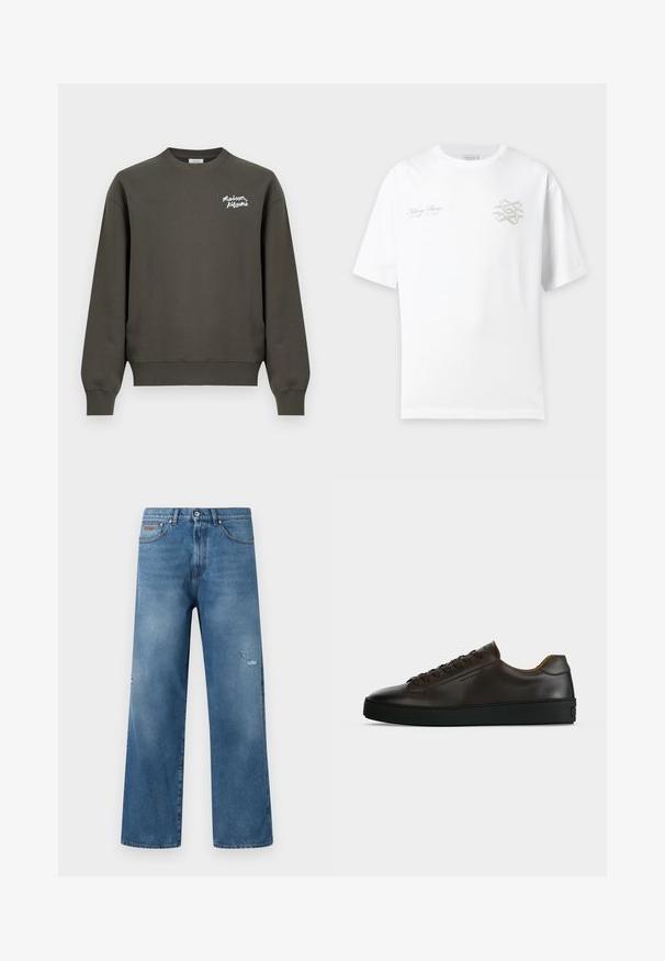 Sweat-shirt vert olive foncé à col rond avec manches longues et petit logo blanc "Maison Kitsuné" sur la partie supérieure gauche de la poitrine.; T-shirt blanc à manches courtes avec un petit graphisme gris et le texte "Filling Pieces" sur la poitrine, présenté sur un fond gris clair.; Jean en denim bleu avec une coupe droite, légère usure sur la cuisse droite, style cinq poches, et taille avec fermeture à boutons.; Baskets basses en cuir marron foncé avec semelle en caoutchouc noire, lacets à l'avant et design minimaliste épuré sur fond clair.