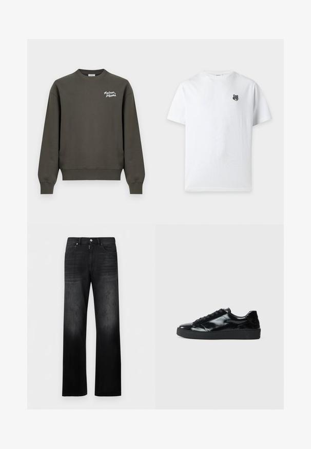 Sweat-shirt vert olive foncé à col rond avec manches longues et petit logo blanc "Maison Kitsuné" sur la partie supérieure gauche de la poitrine.; T-shirt blanc à manches courtes avec un petit logo tête de loup noir et gris sur la poitrine gauche et un col rond.; Jean noir à jambes droites avec fermeture à boutons et zip à l'avant, deux poches avant et passants pour ceinture.; Baskets en cuir verni noir avec un bout arrondi, un laçage, une semelle en caoutchouc texturé et une finition lisse.