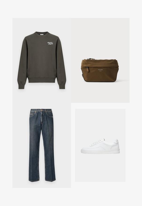 Sweat-shirt vert olive foncé à col rond avec manches longues et petit logo blanc "Maison Kitsuné" sur la partie supérieure gauche de la poitrine.; Jeans en denim droit bleu foncé avec un bouton à l'avant, une fermeture éclair, deux poches avant et des plis verticaux visibles le long des jambes.; Baskets basses blanches avec un design à lacets, dessus en cuir lisse et semelle épaisse, montrées de profil sur un fond uni.; Trousse rectangulaire marron à fermeture éclair, avec petite poche avant et texte "Tiger of Sweden 1903" sur le devant.